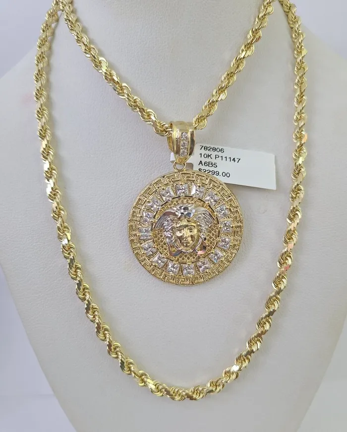 10k Solid Rope Chain Medusa Circular Charm Set 4mm 2028 Necklace Gold Yellow Globalwatches10 Necklaces