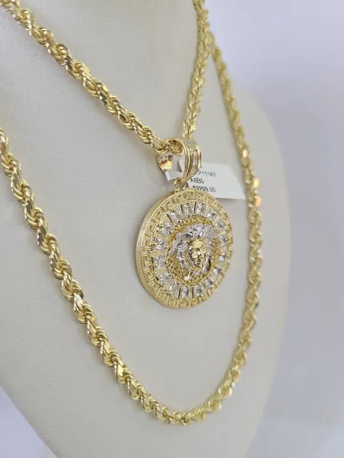 10k Solid Rope Chain Medusa Circular Charm Set 4mm 2028 Necklace Gold Yellow Globalwatches10 Necklaces