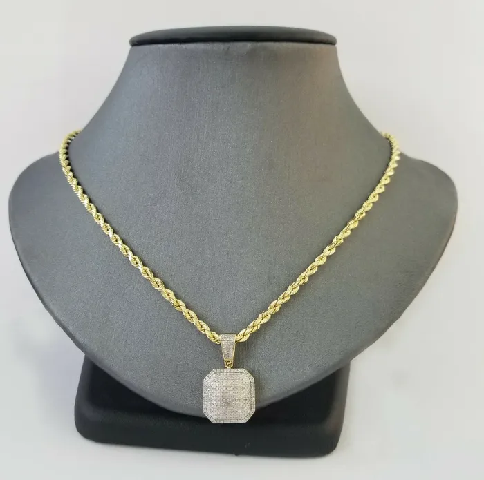 10K Yellow Gold 052CT Real Diamond Pillow Charm With 24 3mm gold rope chain Gold and Diamond PreStyled Sets