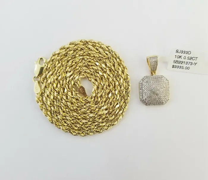 10K Yellow Gold 052CT Real Diamond Pillow Charm With 24 3mm gold rope chain Gold and Diamond PreStyled Sets