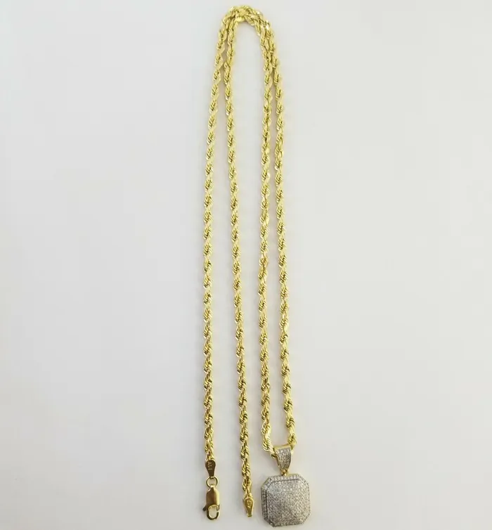 10K Yellow Gold 052CT Real Diamond Pillow Charm With 24 3mm gold rope chain Gold and Diamond PreStyled Sets