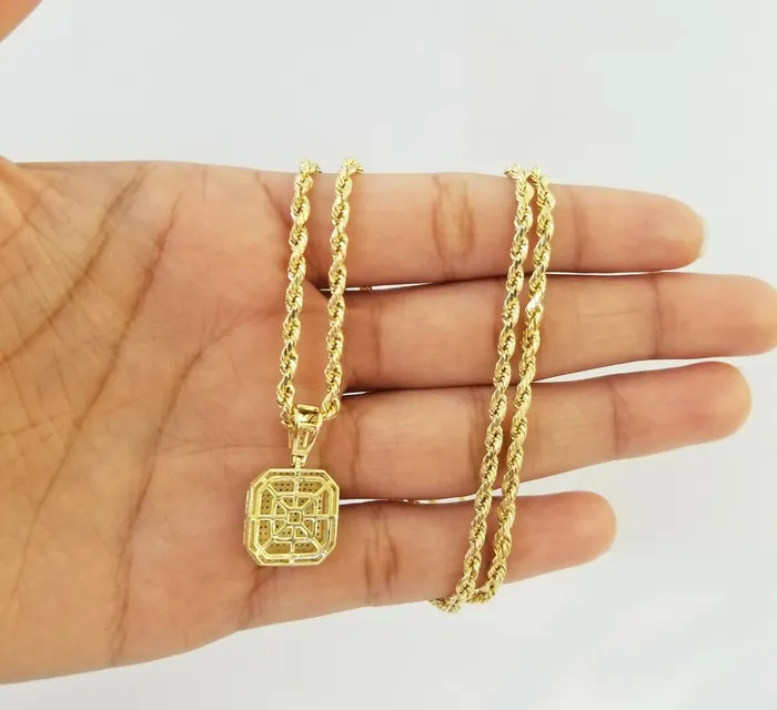 10K Yellow Gold 052CT Real Diamond Pillow Charm With 24 3mm gold rope chain Gold and Diamond PreStyled Sets