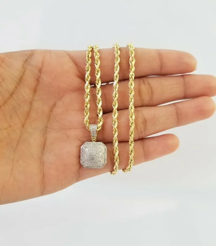 10K Yellow Gold 052CT Real Diamond Pillow Charm With 24 3mm gold rope chain Gold and Diamond PreStyled Sets