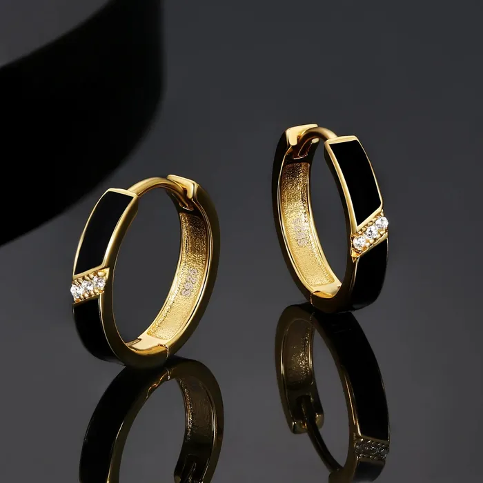 925 Sterling Silver Diamond Black Round Hoop Earrings in 14K Gold KRKC Earrings