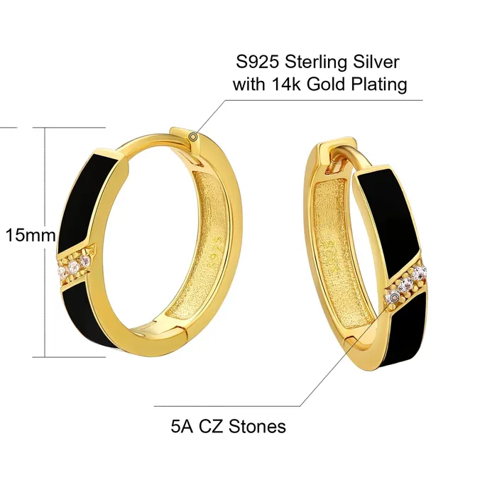 925 Sterling Silver Diamond Black Round Hoop Earrings in 14K Gold KRKC Earrings