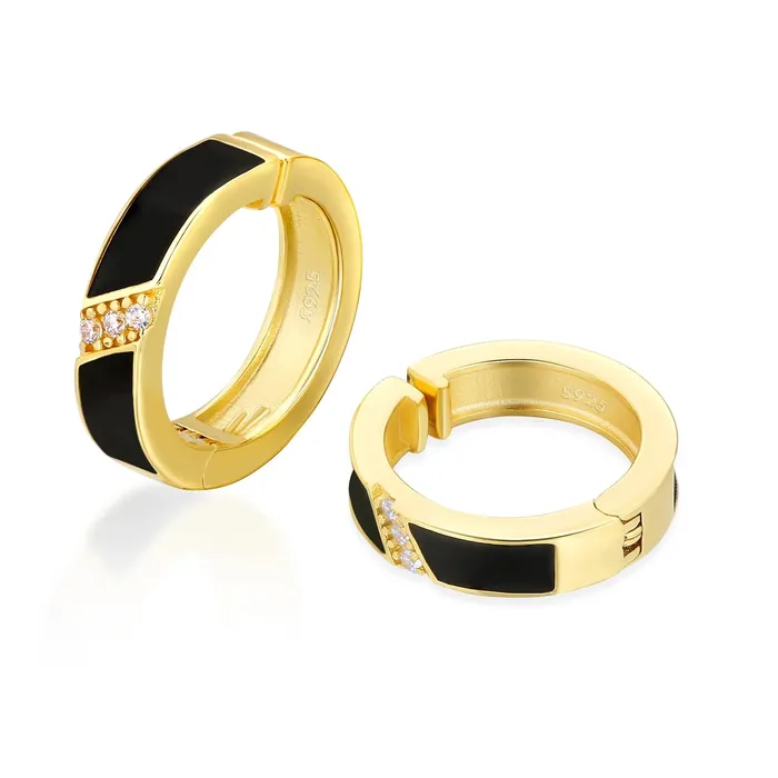 925 Sterling Silver Diamond Black Round Hoop Earrings in 14K Gold KRKC Earrings