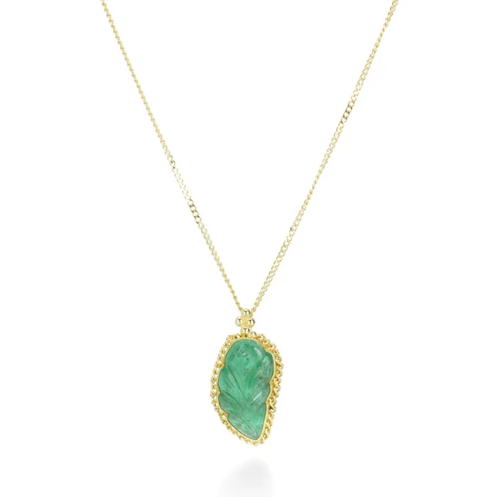 Amali Necklaces Emerald Carved Leaf Pendant Necklace