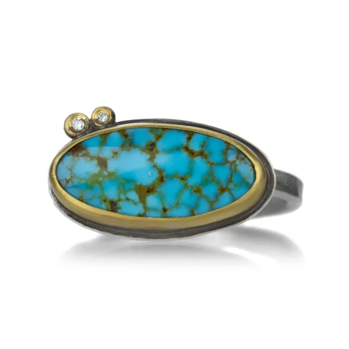 Ananda Khalsa Oval Kingman Turquoise Ring with Diamonds Rings