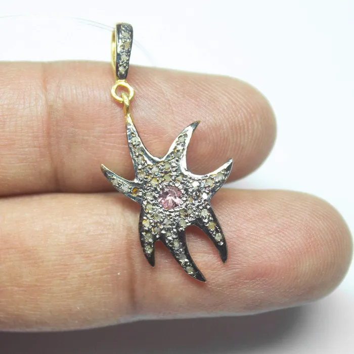 Beads Supplies USA 1pc Starfish Pave Diamond Ruby 925 Sterling Silver Oxidized Charm Pendant 37mm x 16mm Necklaces