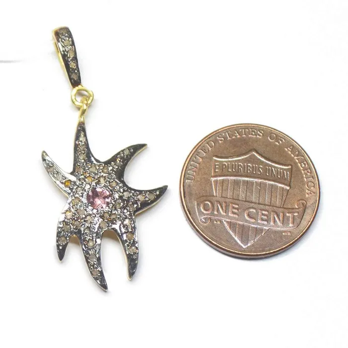 Beads Supplies USA 1pc Starfish Pave Diamond Ruby 925 Sterling Silver Oxidized Charm Pendant 37mm x 16mm Necklaces