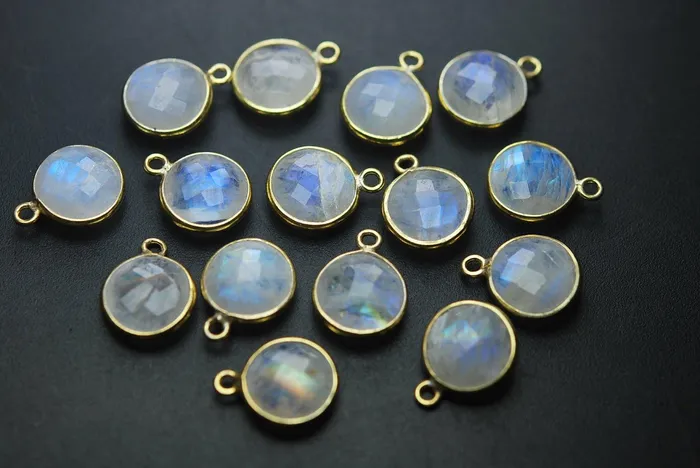 Beads Supplies USA Necklaces 925 Sterling Silver Vermeil Rainbow Moonstone Faceted Coins Shape Pendant 10 Piece Of 14mm Approx