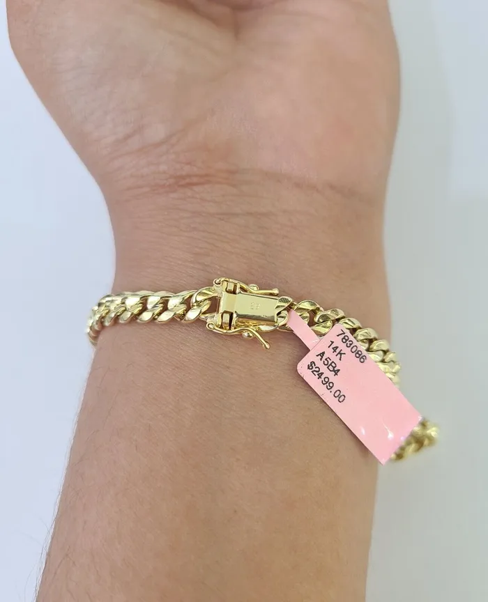 Bracelets Gold and Diamond Real 14K Miami Cuban Bracelet Yellow Gold Box Clasp 8 Inch 6mm Link Hollow