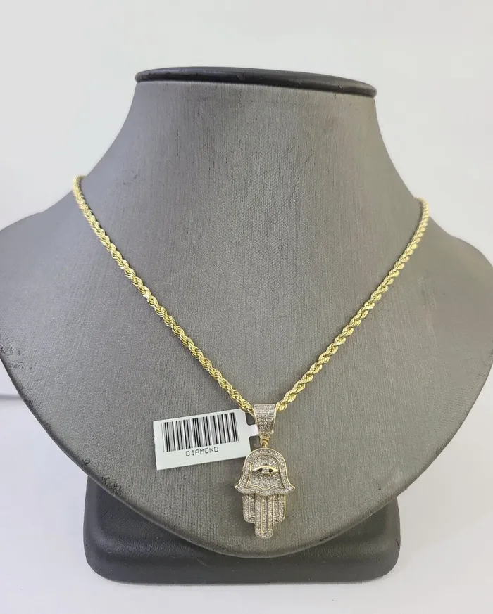 Charm Necklaces 10k Yellow Gold Diamond Hamsa Hand Charm and 16 inches Rope Chain GlobalWatches10 Charm Necklaces 10k Yellow Gold Diamond Hamsa Hand Charm and 16 inches Rope Chain GlobalWatches10