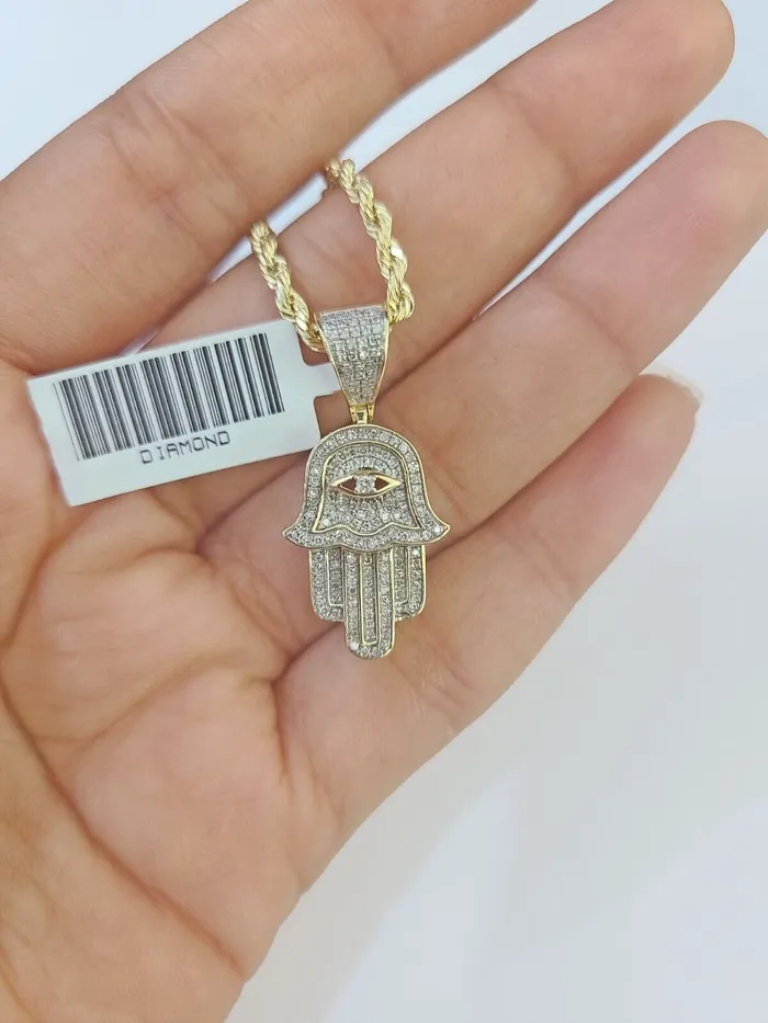 Charm Necklaces 10k Yellow Gold Diamond Hamsa Hand Charm and 16 inches Rope Chain GlobalWatches10