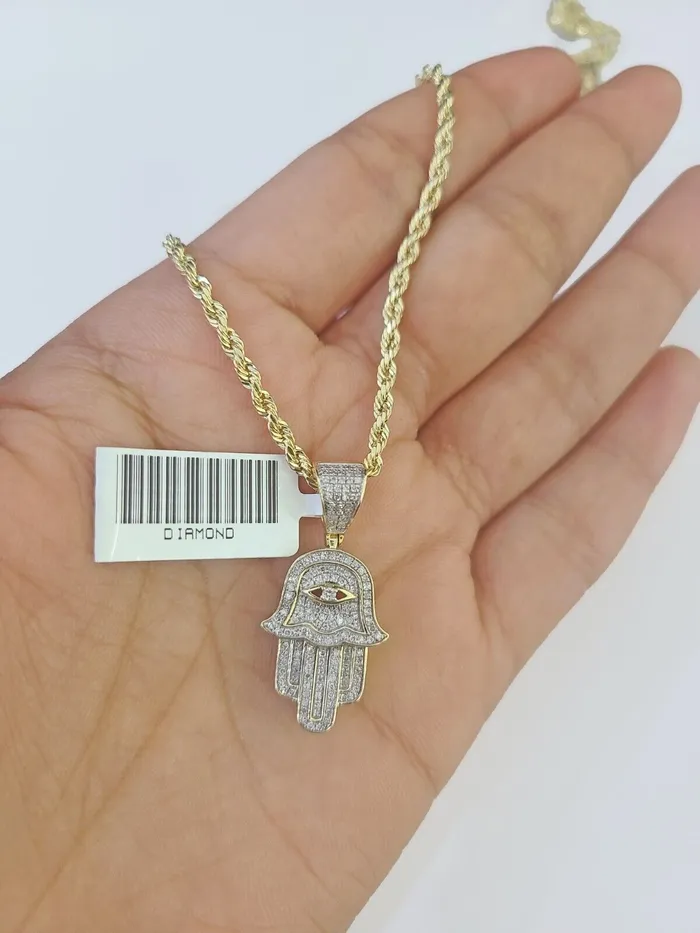 Charm Necklaces 10k Yellow Gold Diamond Hamsa Hand Charm and 16 inches Rope Chain GlobalWatches10