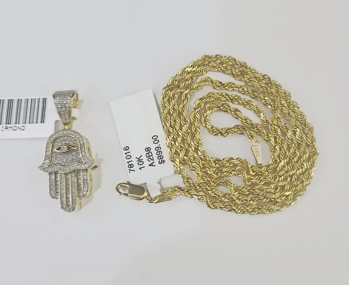 Charm Necklaces 10k Yellow Gold Diamond Hamsa Hand Charm and 16 inches Rope Chain GlobalWatches10
