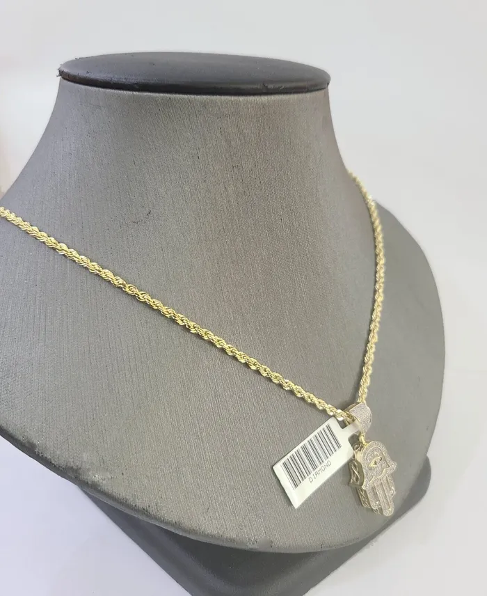 Charm Necklaces 10k Yellow Gold Diamond Hamsa Hand Charm and 16 inches Rope Chain GlobalWatches10