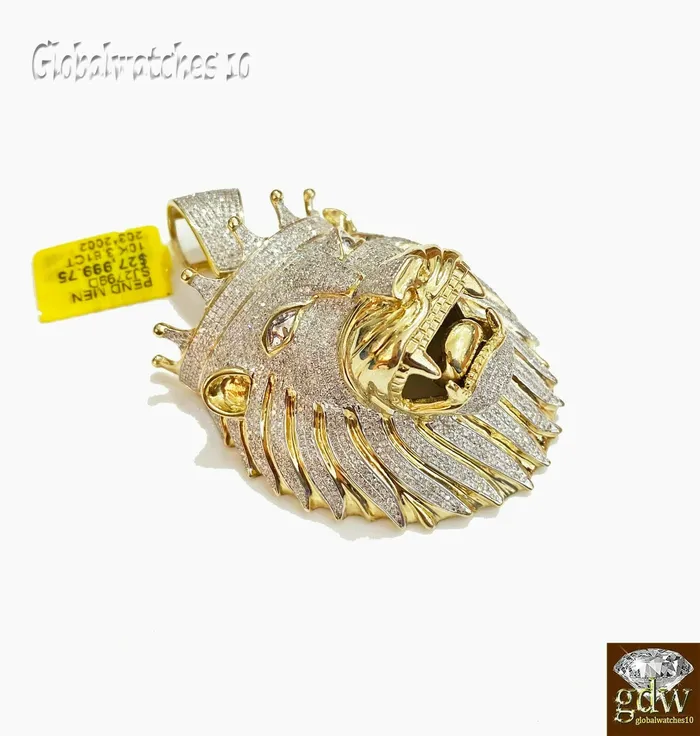 Charm Necklaces Gold and Diamond Real 10k Yellow Gold Diamond Mens Lion Head Charm Pendant with Genuine Diamonds