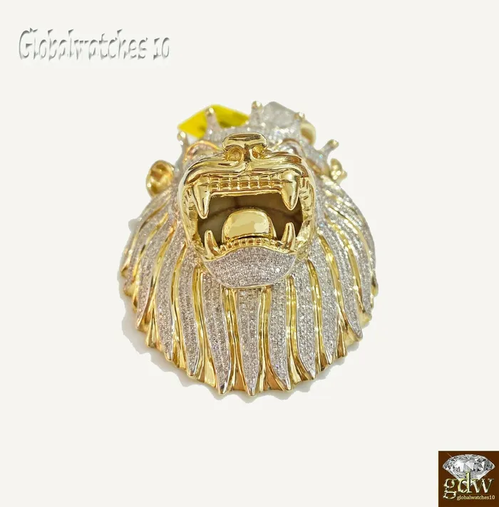 Charm Necklaces Gold and Diamond Real 10k Yellow Gold Diamond Mens Lion Head Charm Pendant with Genuine Diamonds