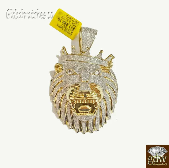 Charm Necklaces Gold and Diamond Real 10k Yellow Gold Diamond Mens Lion Head Charm Pendant with Genuine Diamonds