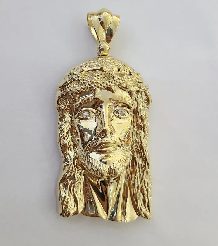 Charm Necklaces Real 14k Yellow Gold Jesus Head Charm Pendant 3 Inch Jesus face 14kt gold Charm Gold and Diamond