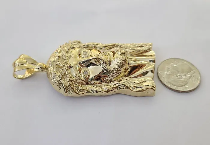 Charm Necklaces Real 14k Yellow Gold Jesus Head Charm Pendant 3 Inch Jesus face 14kt gold Charm Gold and Diamond