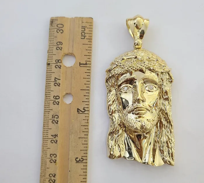 Charm Necklaces Real 14k Yellow Gold Jesus Head Charm Pendant 3 Inch Jesus face 14kt gold Charm Gold and Diamond