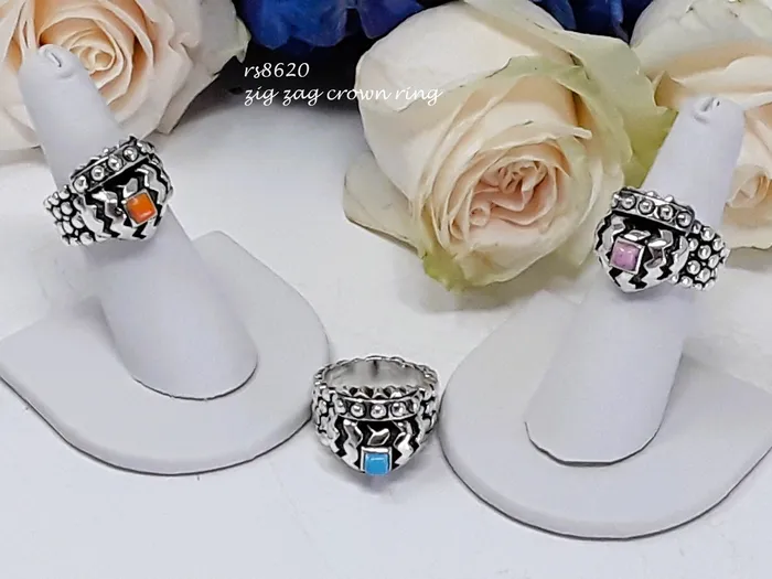Dian Malouf rs8620 Zig zag heart crown ring with five silver beads and a small square stone Rings Dian Malouf rs8620 Zig zag heart crown ring with five silver beads and a small square stone Rings