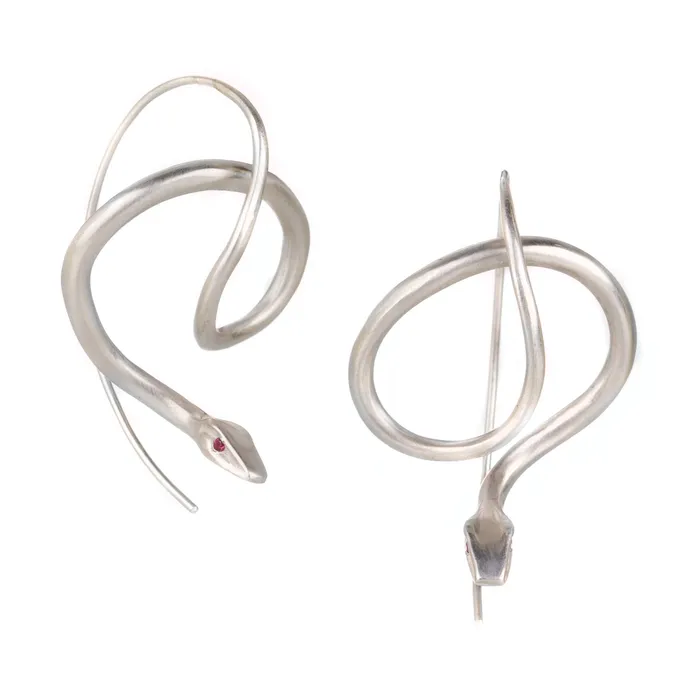 Earrings Sterling Silver Serpent Earrings with Ruby Eyes Annette Ferdinandsen