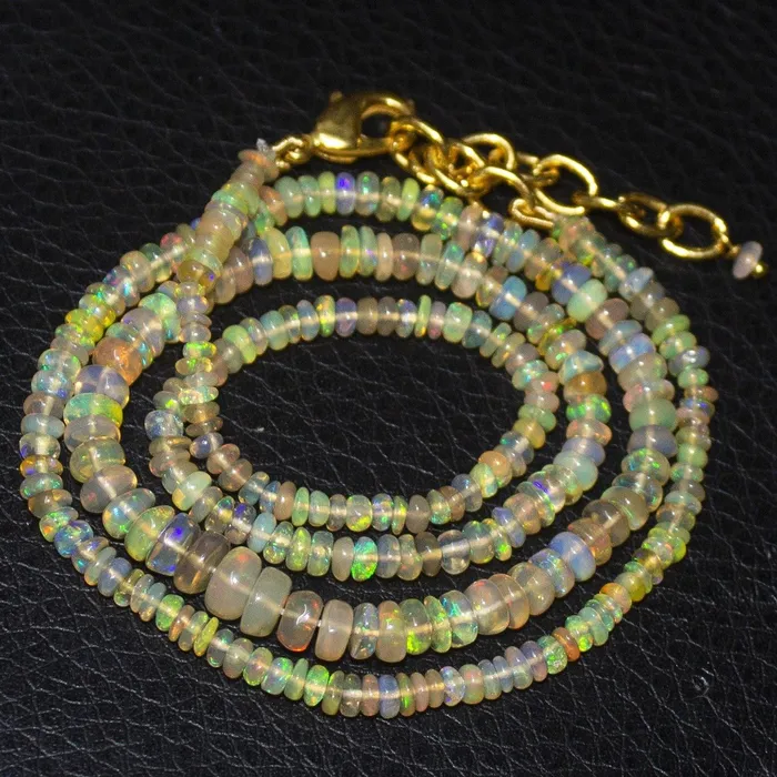 Fire Flash Ethiopian Welo Opal Gold Vermeil Smooth Rondelle Necklace 3mm 5mm 19 Beads Supplies USA Necklaces Fire Flash Ethiopian Welo Opal Gold Vermeil Smooth Rondelle Necklace 3mm 5mm 19 Beads Supplies USA Necklaces