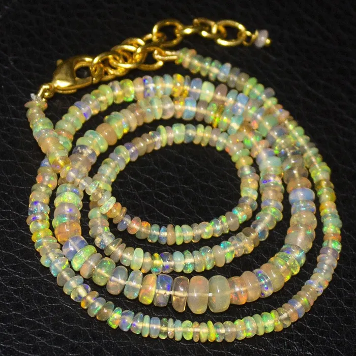 Fire Flash Ethiopian Welo Opal Gold Vermeil Smooth Rondelle Necklace 3mm 5mm 19 Beads Supplies USA Necklaces
