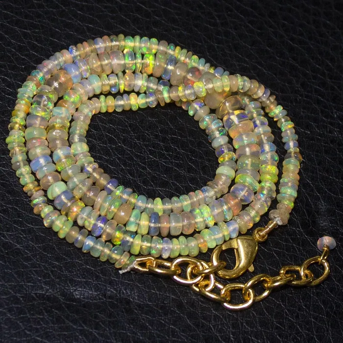Fire Flash Ethiopian Welo Opal Gold Vermeil Smooth Rondelle Necklace 3mm 5mm 19 Beads Supplies USA Necklaces