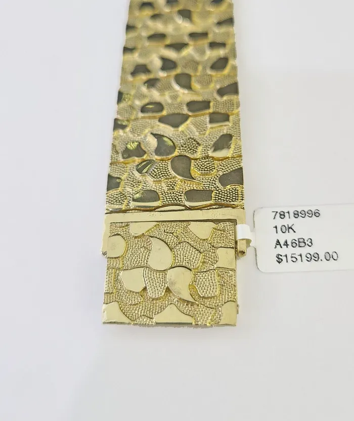 globalwatches10 Bracelets 10K REAL Nugget Bracelet Yellow Gold 9Inch 23mm Men Hand Gold 10kt