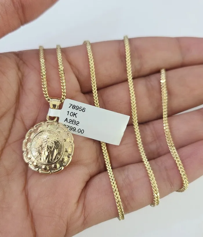 Globalwatches10 Necklaces 10K Solid Franco Chain Jesus Virgin Mary Pendant Charm Necklace 1824 1mm Gold