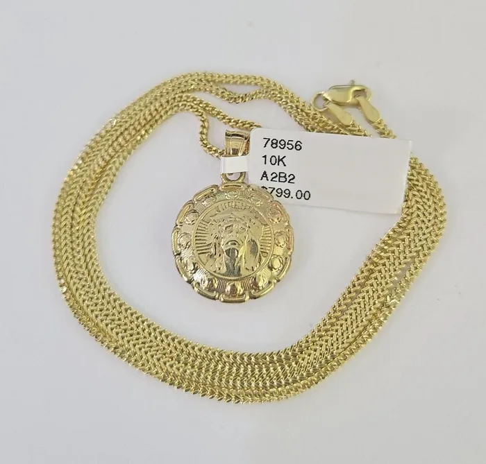 Globalwatches10 Necklaces 10K Solid Franco Chain Jesus Virgin Mary Pendant Charm Necklace 1824 1mm Gold