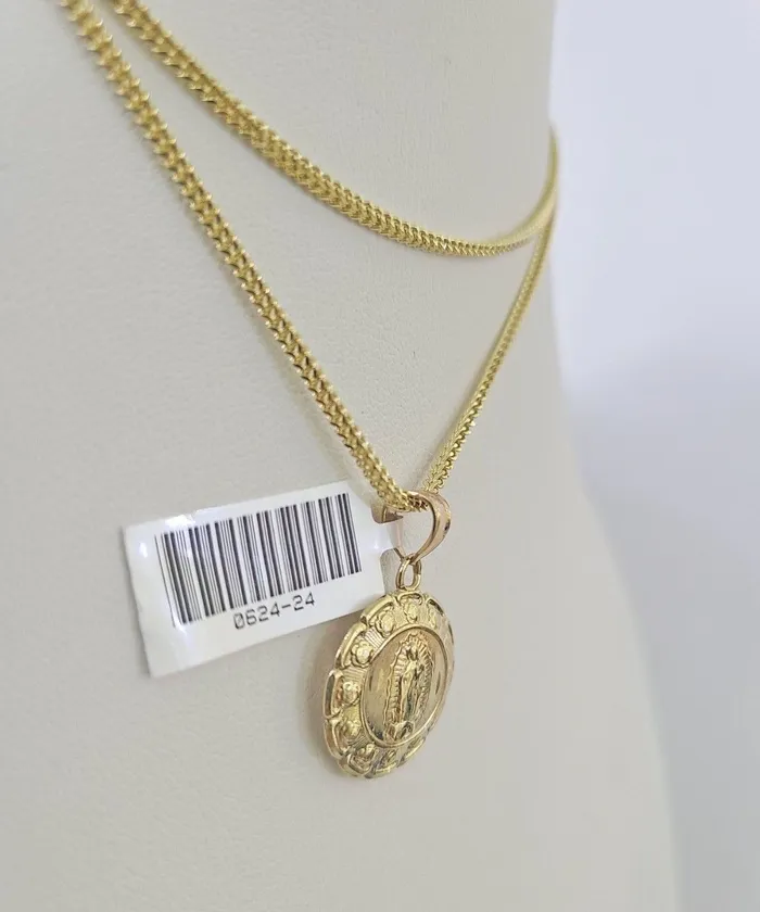 Globalwatches10 Necklaces 10K Solid Franco Chain Jesus Virgin Mary Pendant Charm Necklace 1824 1mm Gold