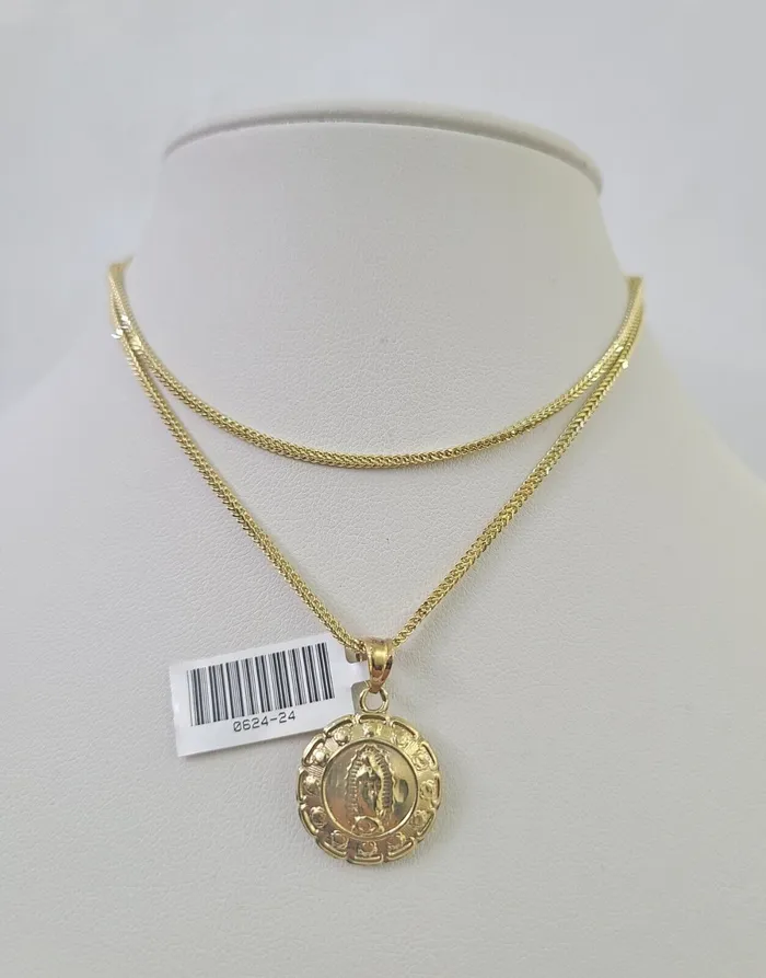Globalwatches10 Necklaces 10K Solid Franco Chain Jesus Virgin Mary Pendant Charm Necklace 1824 1mm Gold