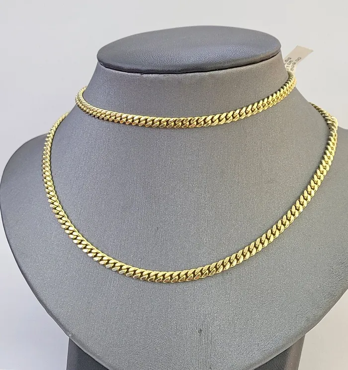 globalwatches10 Necklaces 10K Solid Yellow Gold 4mm Miami Cuban Link Chain Necklace 20 Two Chains
