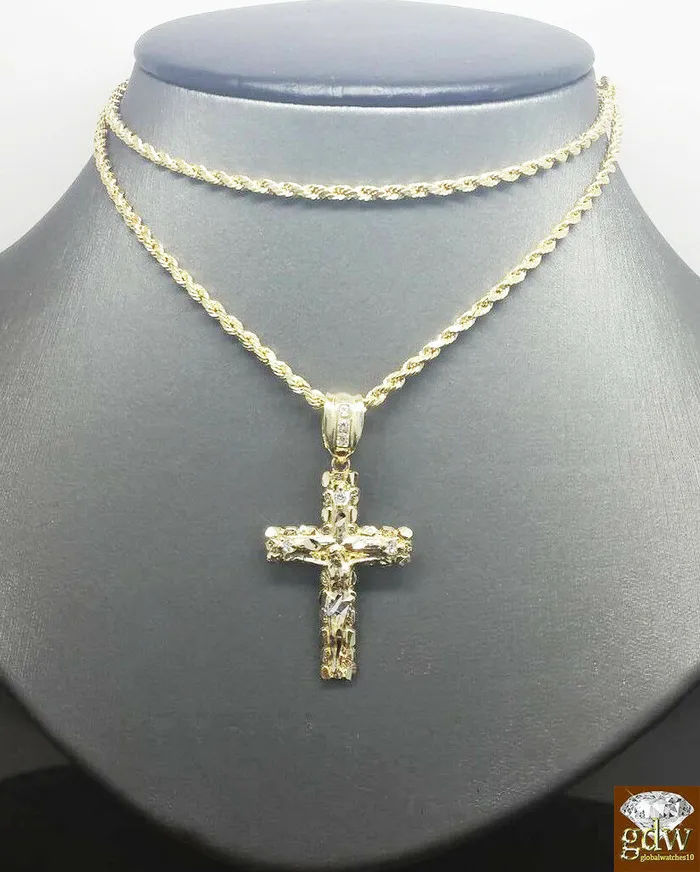 globalwatches10 Necklaces Real 10k Gold Rope Chain Cross Pendant 18 20 22 24 26 Necklace
