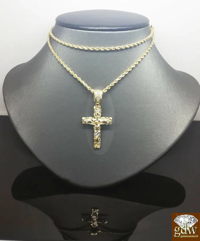 globalwatches10 Necklaces Real 10k Gold Rope Chain Cross Pendant 18 20 22 24 26 Necklace