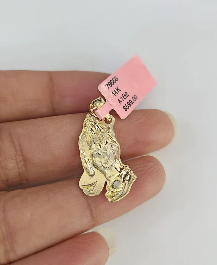 Gold and Diamond Charm Necklaces 14K Real Praying Hands Charm Pendant Yellow Gold Genuine 14Kt