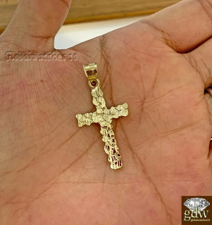Gold and Diamond Necklaces 10k Gold Solid Mens Jesus cross Charm Nugget Design Pendant with Diamond Cut