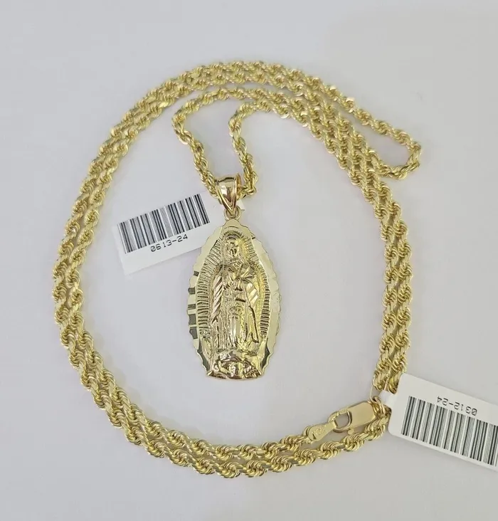 Gold and Diamond Necklaces 10k Solid Rope Chain 3mm Virgin Mary Pendant Charm Necklace SET 1828 in Gold and Diamond Necklaces 10k Solid Rope Chain 3mm Virgin Mary Pendant Charm Necklace SET 1828 in