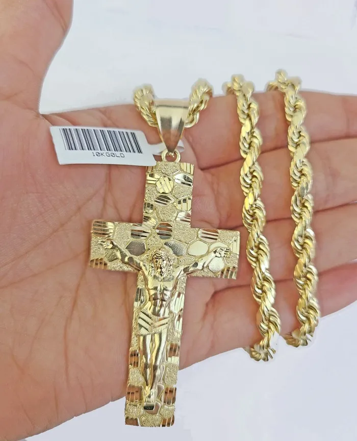 Gold and Diamond Necklaces Real 10k Gold Nugget Cross Rope Necklace 5mm 22 Chain Charm SET 10kt