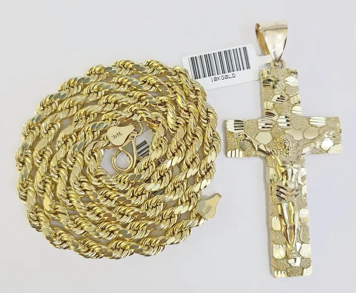 Gold and Diamond Necklaces Real 10k Gold Nugget Cross Rope Necklace 5mm 22 Chain Charm SET 10kt