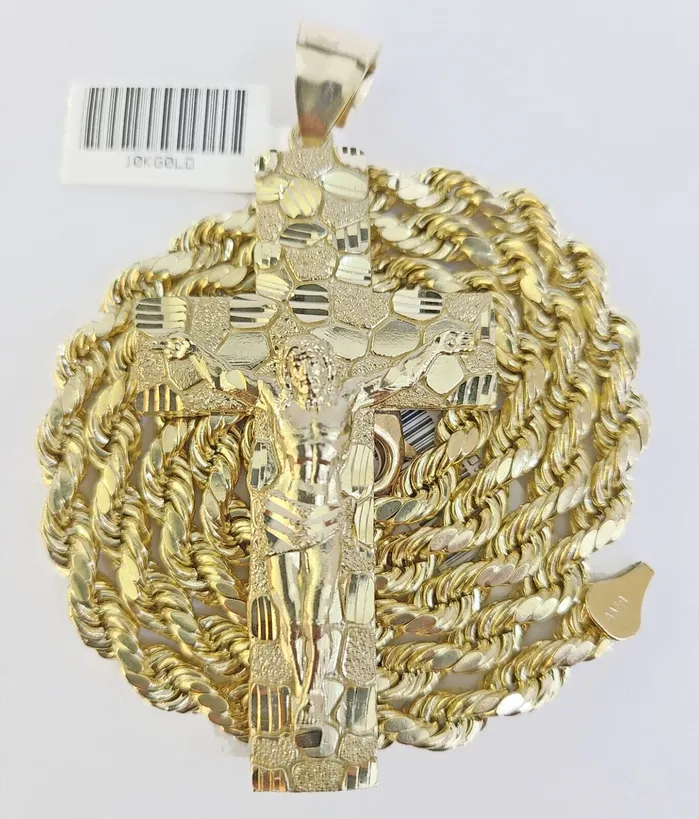 Gold and Diamond Necklaces Real 10k Gold Nugget Cross Rope Necklace 5mm 22 Chain Charm SET 10kt