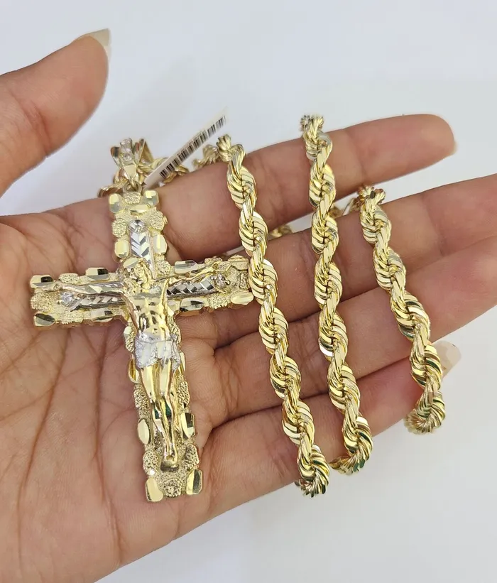 Gold and Diamond Necklaces Real 10k Solid Rope Chain Nugget Cross Charm Set 6mm 2030 Inch Necklace Gold Gold and Diamond Necklaces Real 10k Solid Rope Chain Nugget Cross Charm Set 6mm 2030 Inch Necklace Gold