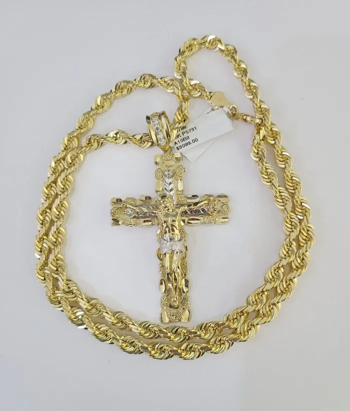 Gold and Diamond Necklaces Real 10k Solid Rope Chain Nugget Cross Charm Set 6mm 2030 Inch Necklace Gold