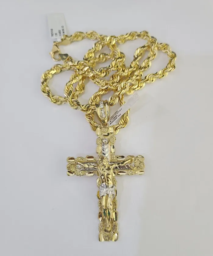 Gold and Diamond Necklaces Real 10k Solid Rope Chain Nugget Cross Charm Set 6mm 2030 Inch Necklace Gold