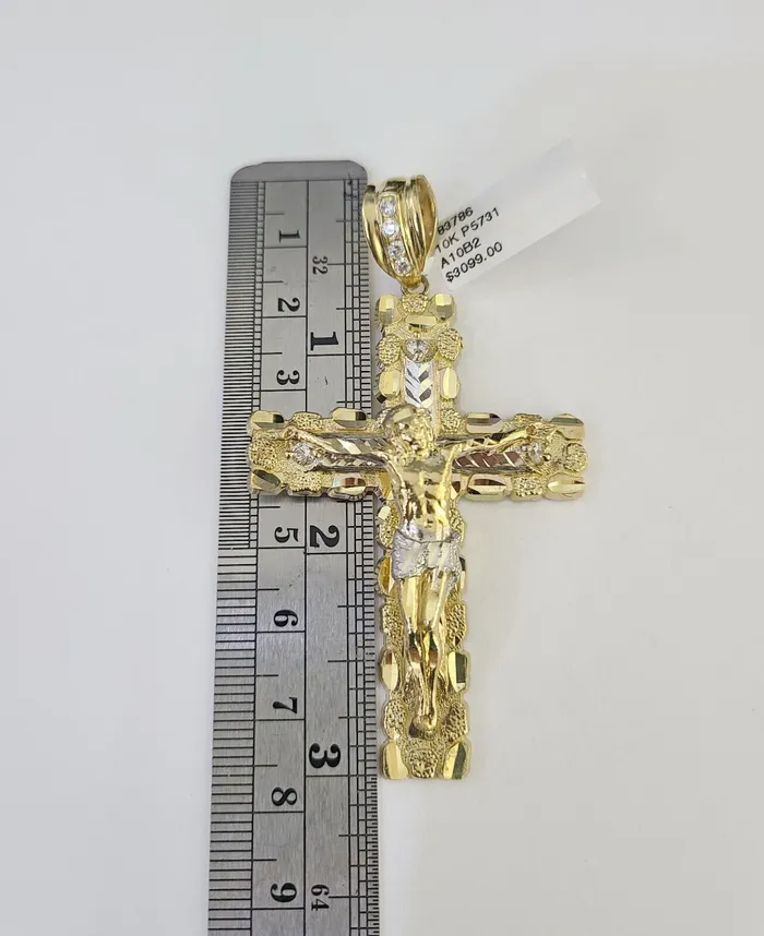 Gold and Diamond Necklaces Real 10k Solid Rope Chain Nugget Cross Charm Set 6mm 2030 Inch Necklace Gold